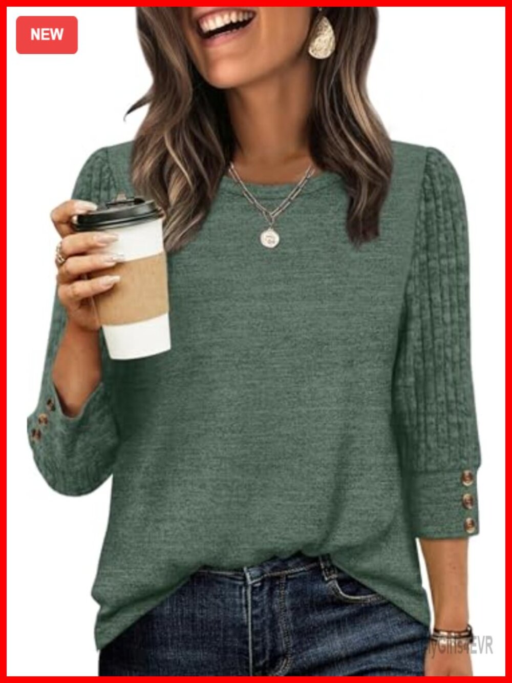 Womens 3/4 Sleeve Lightweight Sweater Button Crew Neck Casual Tunic Top